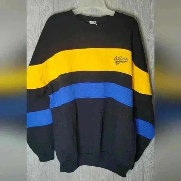 VTG 90s Dunlop Broad Striped Sweatshirt Adult LG Black Yellow Blue Crewneck - Picture 1 of 3